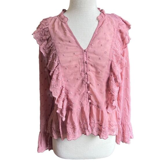 H&M Size 10 Pink Long Sleeve Ruffled Button Down Top Blouse - Picture 3 of 8